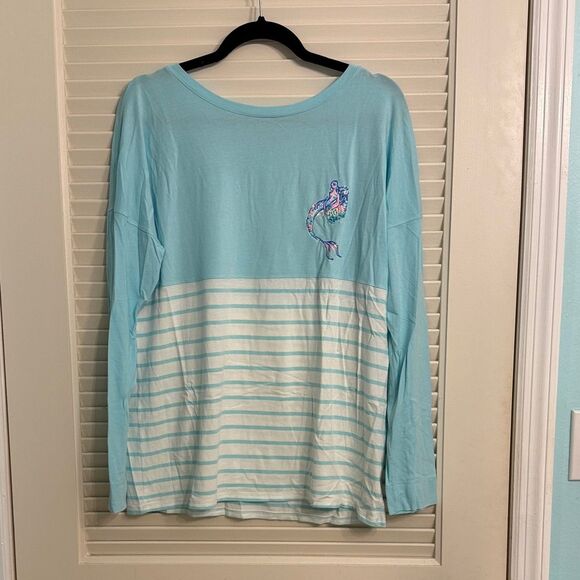Lilly Pulitzer Tops - Lilly Pulitzer Light Blue Stripe Multi Mermaids Cove Finn Long Sleeve Tee Medium